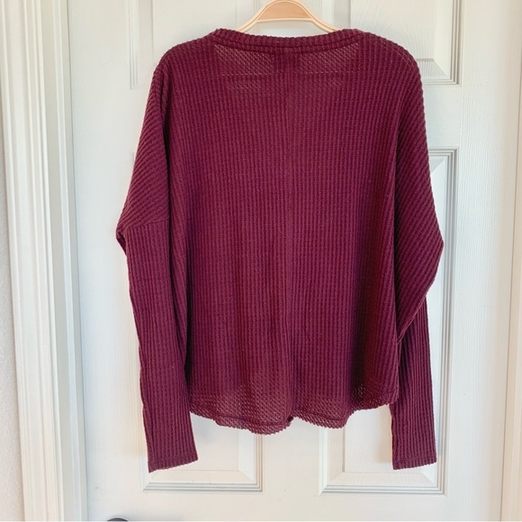 Maroon Bordeaux Waffle Knit Thermal Oversized Knot Front Long Sleeve Tee Shirt - Picture 2 of 6